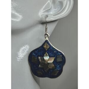 Vintage Abalone Shell & Deep Blue Mosaic Inlay Dangle Earrings